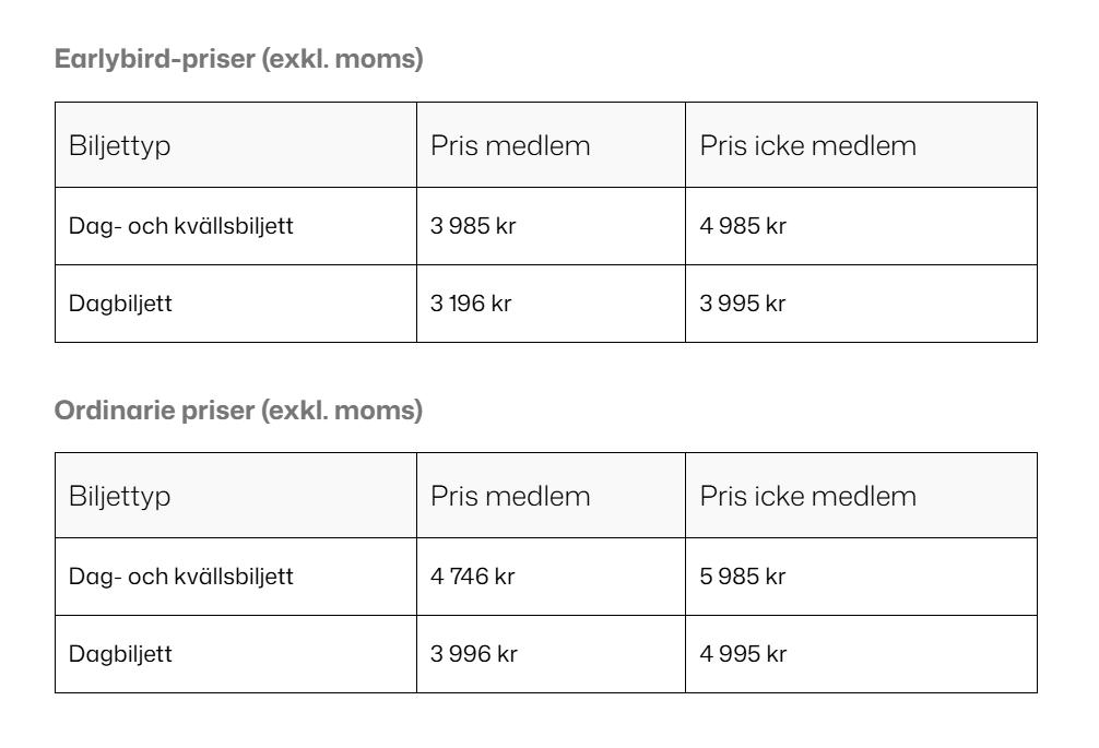 Earlybird-priser är följande. Dag- och kvällsbiljett: 3 985 kr (medlem), 4 985 kr (icke medlem). Dagbiljett: 3 196 kr (medlem), 3 995 kr (icke medlem).
Ordinarie priser är följande. Dag- och kvällsbiljett: 4 746 kr (medlem), 5 985 kr (icke medlem). Dagbiljett: 3 996 kr	(medlem), 4 995 kr (icke medlem).
Alla priser är exklusive moms.